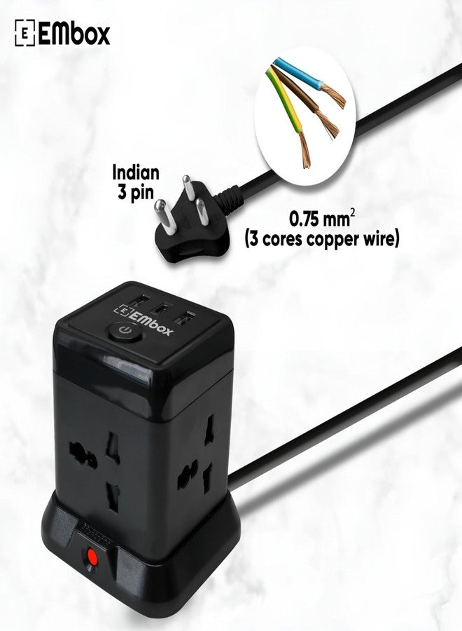 EMBOX لوحة تمديد EMBOX Cube مزودة بمنفذ USB من النوع C (2.4 أمبير) (شحن سريع 3.0) | لوحة تمديد بقدرة 2500 واط مزودة بمفاتيح | سلك تمديد مزود بمقابس عالمية، وغطاء أمان، وحماية من الحمل الزائد، بطول مترين - Image 3